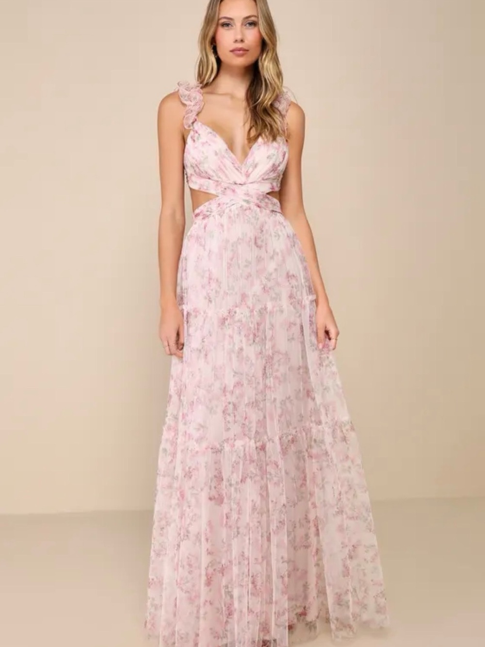 Lulu's Blush Pink Floral Maxi Dress with Ruffle Straps